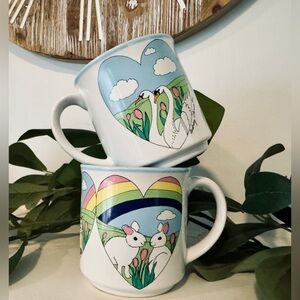 Vintage Audrey Christie Easter Springtime Rainbow 🌈  Coffee Two Mugs 80’s Retro